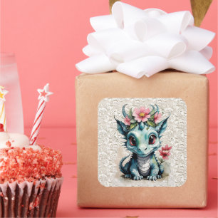 Baby Dragon with Pink Flowers and Lace Square Sticker