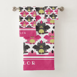Baby Dragons - Pink & Black Pattern - Name Bath Towel Set