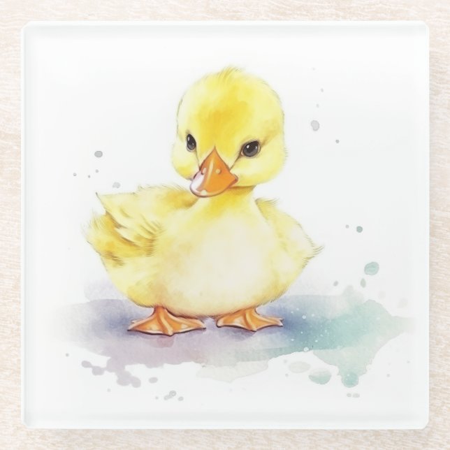 Baby Duck 2 Watercolor Glass Coaster (Front)