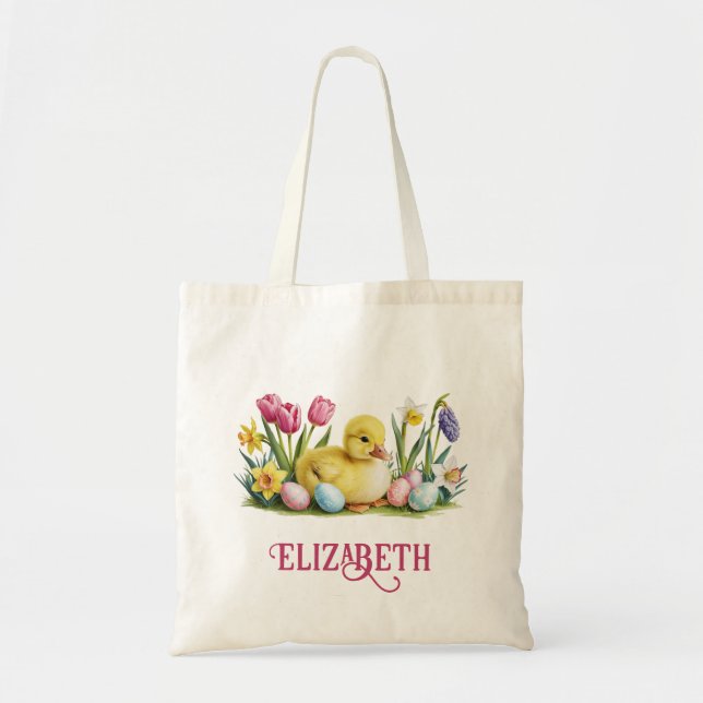 Baby Duck Personalised Easter Egg Hunt Tote Bag (Front)