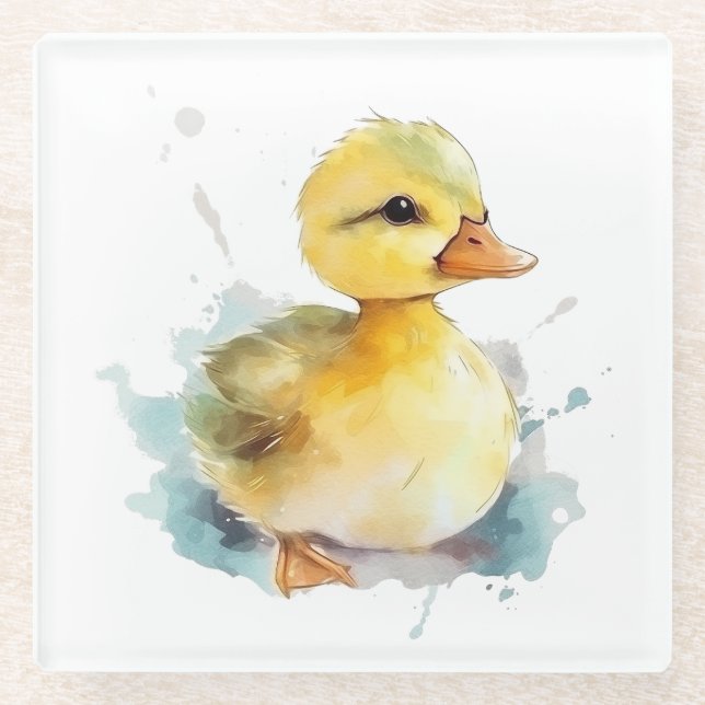 Baby Duck Watercolor Glass Coaster (Front)