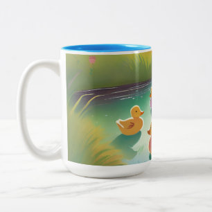 Baby ducks in pond Two-Tone coffee mug