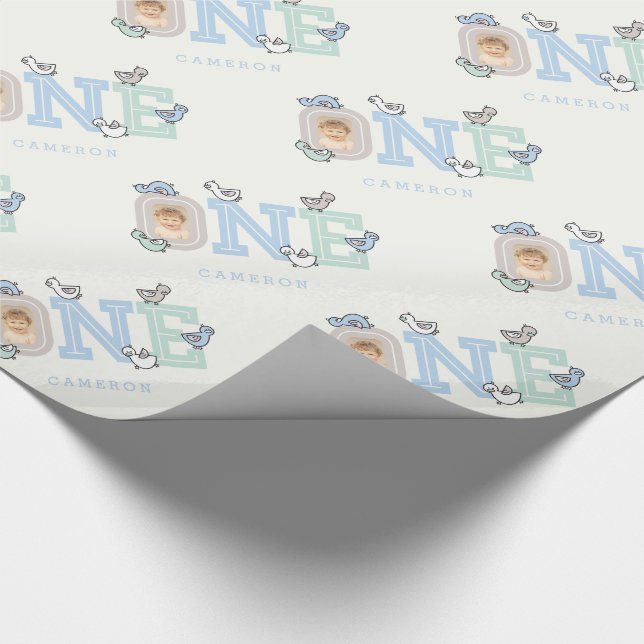 Baby Ducks One Photo Boy 1st Birthday Gift Wrap (Corner)