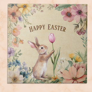 Baby Easter Bunny with Pink Tulip Vintage Floral Tile