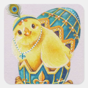 Baby Easter Flapper Chick Blue Egg Watercolor Art Square Sticker