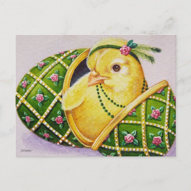 Baby Easter Flapper Chick Green Egg Watercolor Art Postcard (Front)