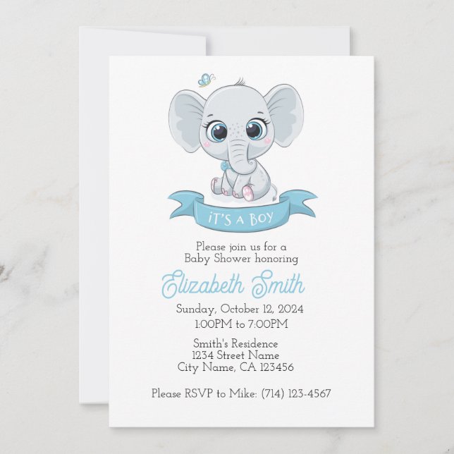 Baby Elelphant Baby Shower Invitation Template, (Front)