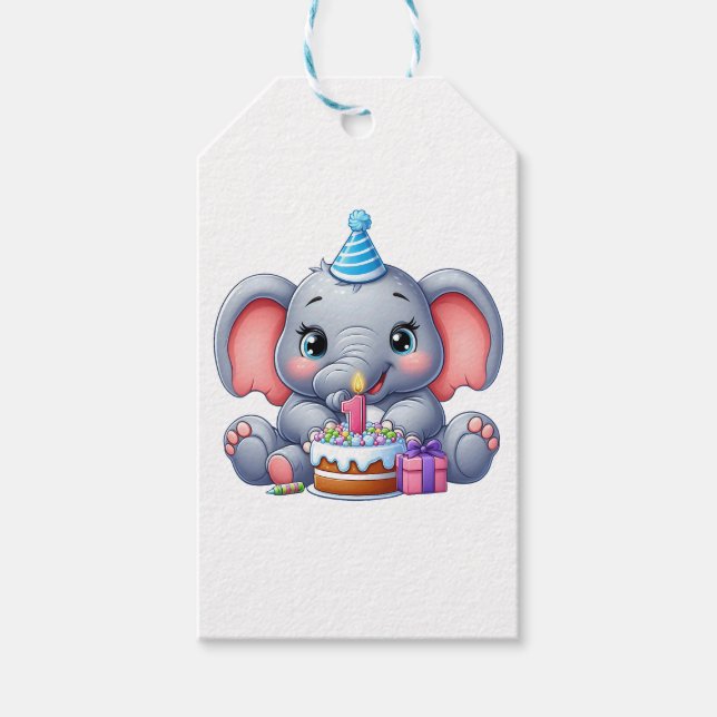Baby Elephant 1st Birthday Gift Tags (Front)