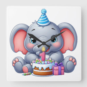 Baby Elephant 1st Birthday Square Wall Clock