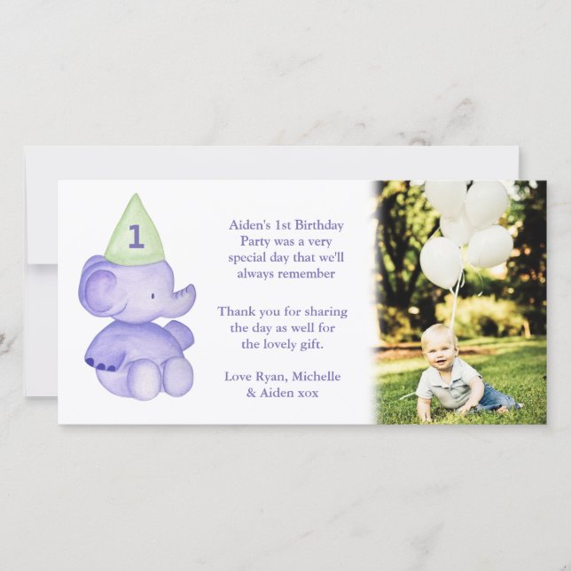 Baby Elephant 1st Birthday Thank You Photo Card (Front)