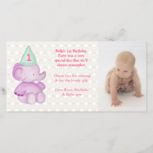 Baby Elephant 1st Birthday Thank You Photo Card