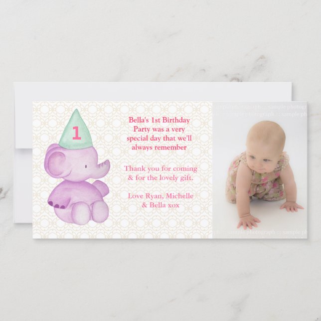 Baby Elephant 1st Birthday Thank You Photo Card (Front)