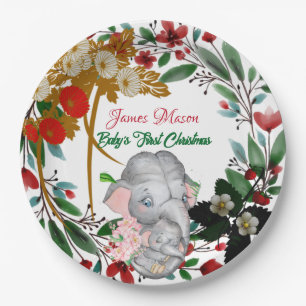 Baby Elephant 1st Christmas Botanical Green Wreath Paper Plate