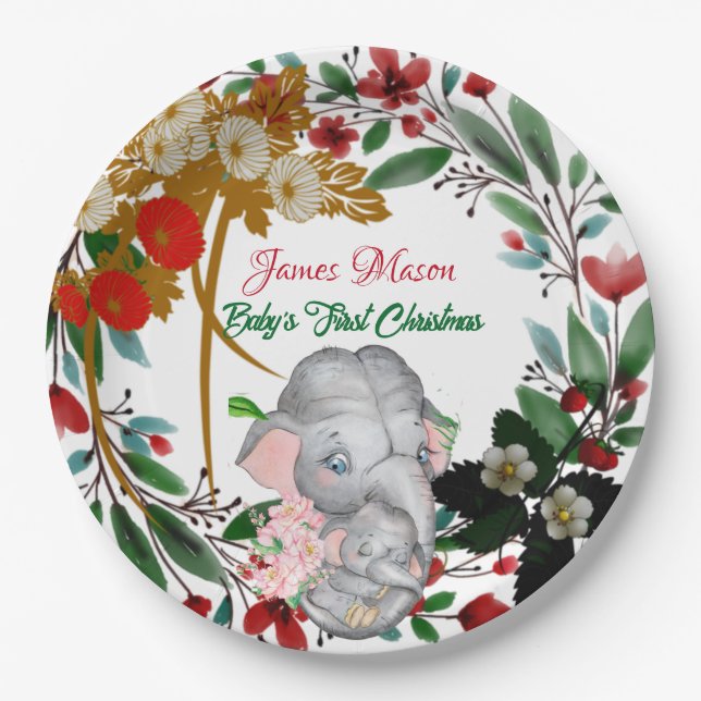 Baby Elephant 1st Christmas Botanical Green Wreath Paper Plate (Front)