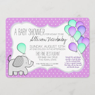 Baby Elephant and Balloons Magenta Baby Shower Invitation