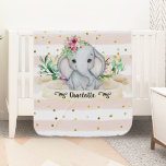 Baby Elephant and Flowers Baby Blanket<br><div class="desc">Watercolor illustration of an adorable baby elephant. Lovely pink flowers surround this super wild animal creature. Background with pink and white brush strokes and sparkling golden glitter. Celebrate the 1st birthday of your child with this simple cute design. Write the name of your child inside the ribbon.</div>