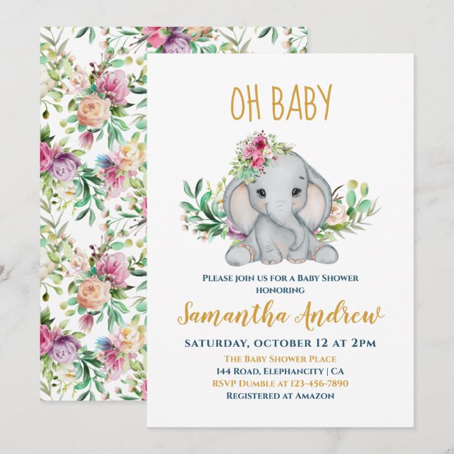  Baby Elephant and Flowers Baby Shower Invitation (Front/Back)