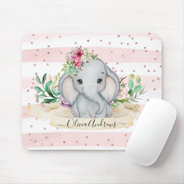 Baby Elephant and Flowers Cute Watercolor Drawing  Mouse Mat (With Mouse)