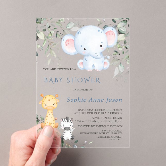 Baby Elephant and Friends Safari Boy Baby Shower Acrylic Invitations (Insitu (Handheld))