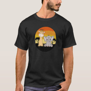 Baby Elephant And Giraffe Retro Sunset Elephants   T-Shirt