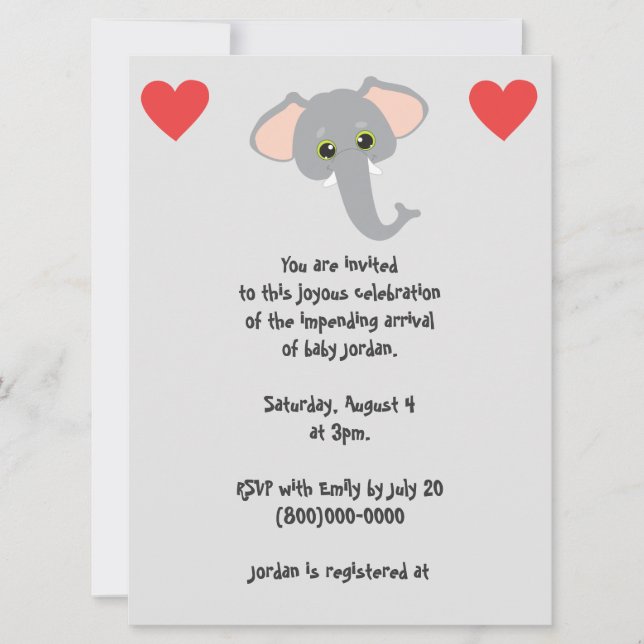 Baby Elephant and Hearts Grey Baby Shower Invitation (Front)