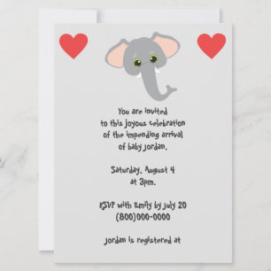 Baby Elephant and Hearts Grey Baby Shower Invitation