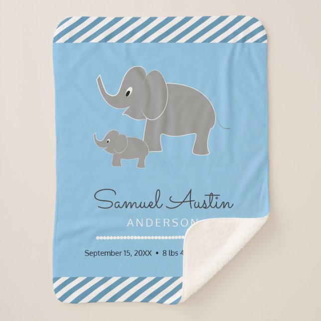 Baby Elephant and Umbrella Baby Boy Announcement Sherpa Blanket (Front)
