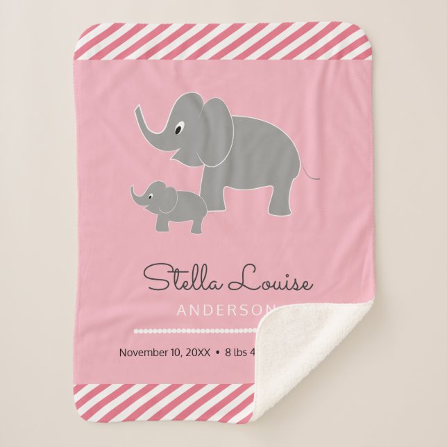 Baby Elephant and Umbrella Baby Girl Birth Stats Sherpa Blanket (Front)