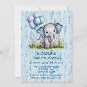 Baby Elephant and Wildflower Boy Baby Shower Invitation