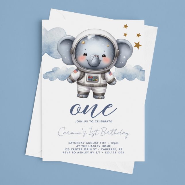 Baby Elephant Astronaut 1st Birthday Invitation (Creator Uploaded)