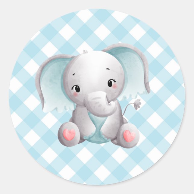 Baby Elephant Baby Boy Sticker Blue Plaid Gingham (Front)