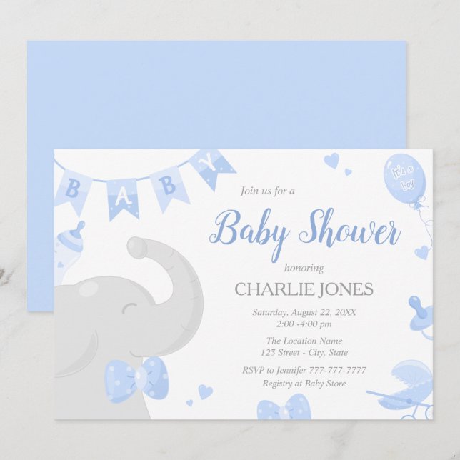 Baby Elephant Baby Shower Boy Invitations (Front/Back)