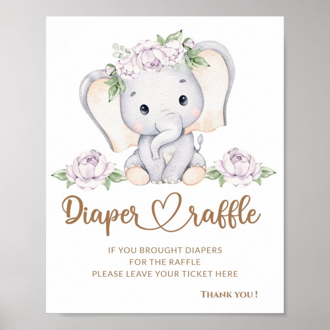 Baby elephant baby shower diaper raffle poster (Front)