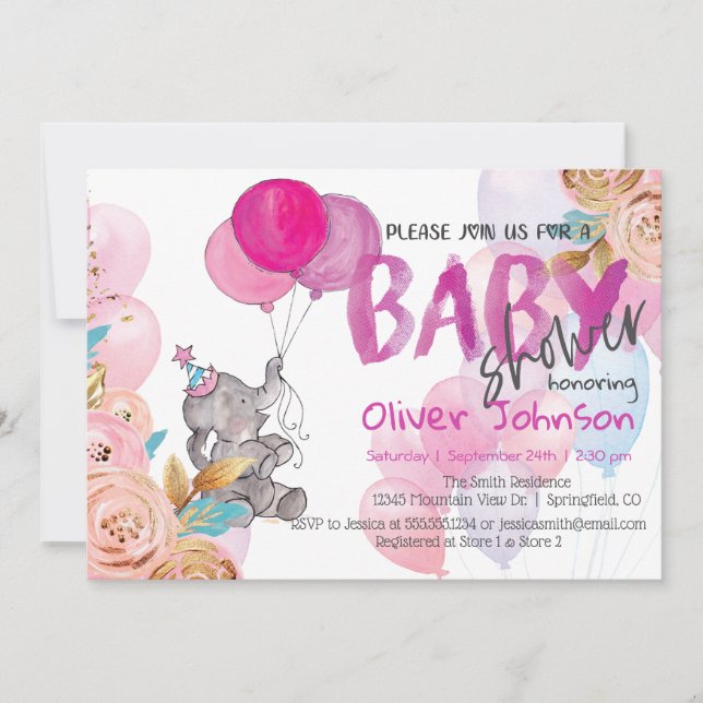 Baby Elephant Baby Shower Girl Invitation (Front)