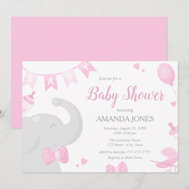 Baby Elephant Baby Shower Girl Invitations (Front/Back)