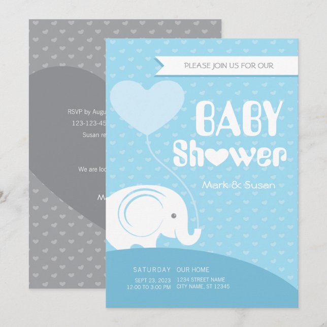 Baby Elephant Baby Shower Invitation for Baby Boy (Front/Back)