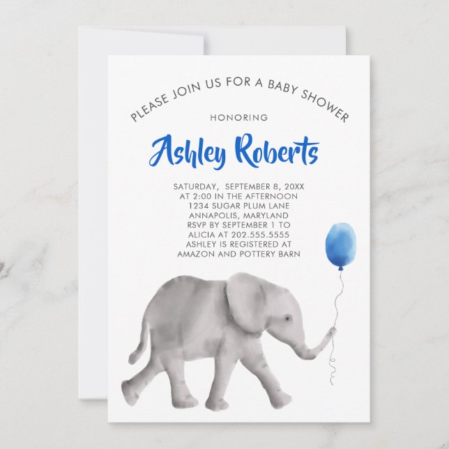 Baby Elephant Baby Shower Invite, Blue & Grey Invitation (Front)