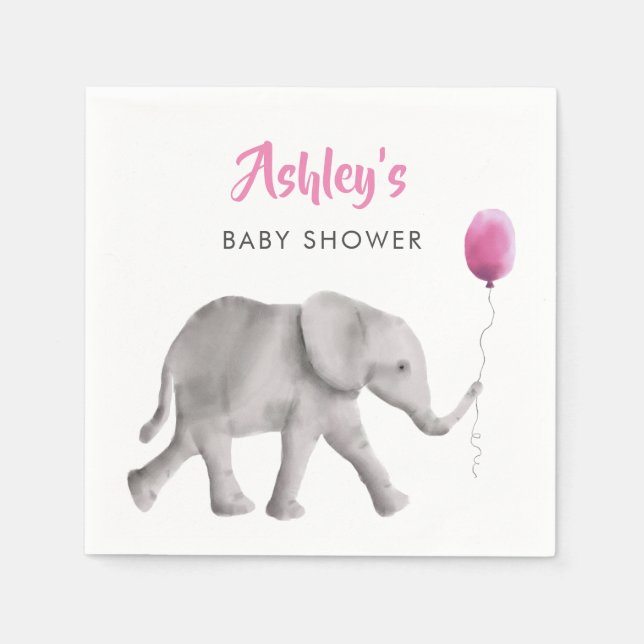 Baby Elephant Baby Shower Napkins w/ Pink Balloon (Front)