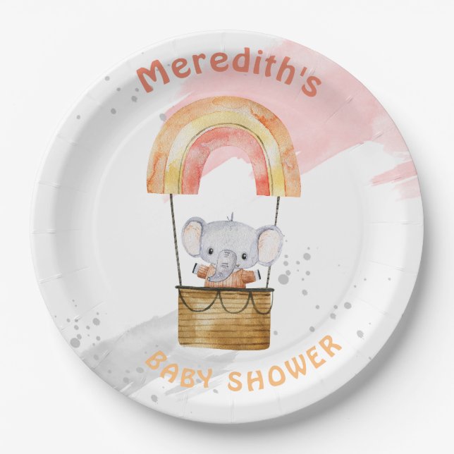 Baby elephant baby shower, Paper plates (Front)