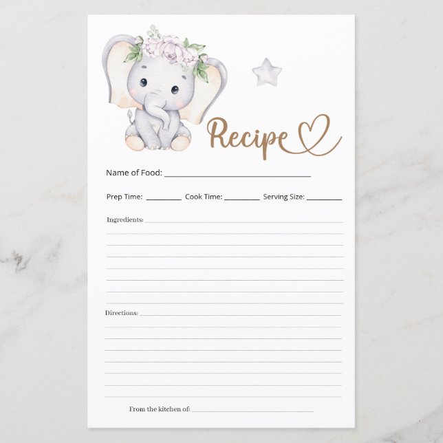 Baby Elephant Baby Shower Recipe  (Front)
