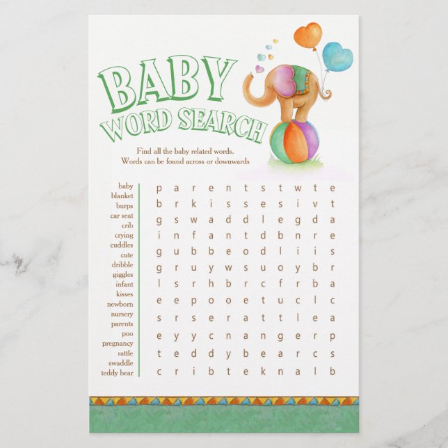 Baby elephant baby shower word search flyer (Front)
