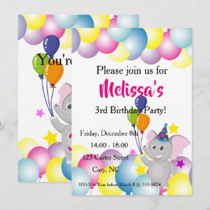 Baby elephant balloons birthday invitation