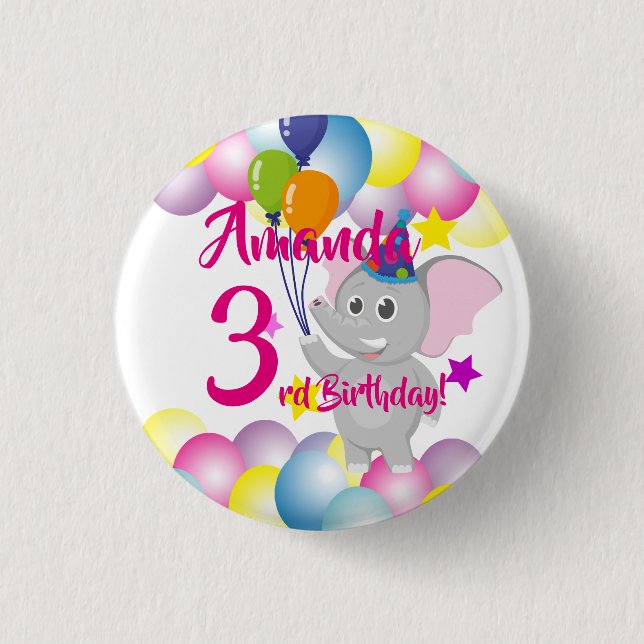 Baby elephant Balloons Birthday party 3 Cm Round Badge (Front)