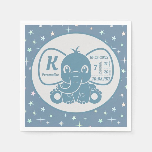 Baby Elephant Birth Announcement Blue Boy Napkin (Front)
