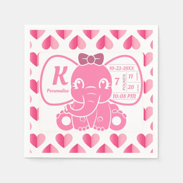 Baby Elephant Birth Announcement Pink Girl Napkin (Front)