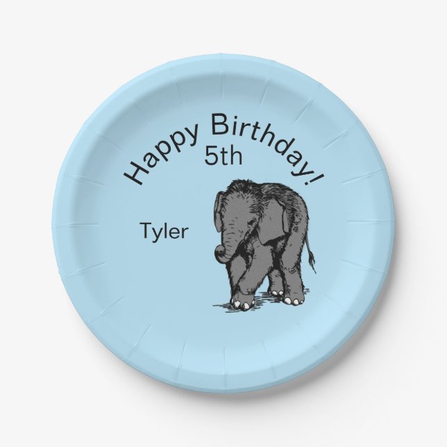Baby Elephant Birthday Blue Paper Plate (Front)