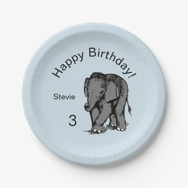 Baby Elephant Birthday Blue Paper Plate (Front)