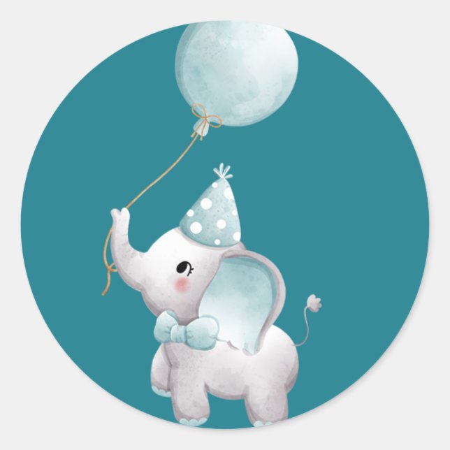 Baby Elephant Birthday Favour Sticker Blue Boy (Front)