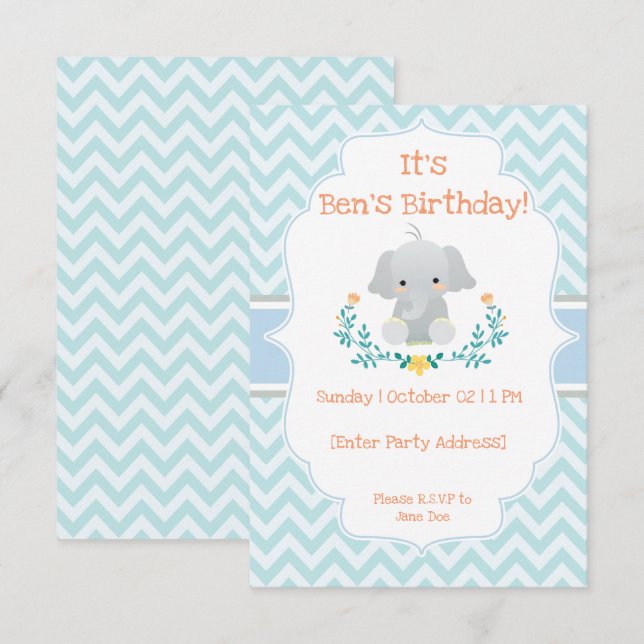 Baby Elephant Birthday Invitations (Front/Back)