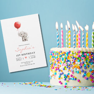 Baby Elephant Birthday Invite, Kids 1st Birhday Invitation